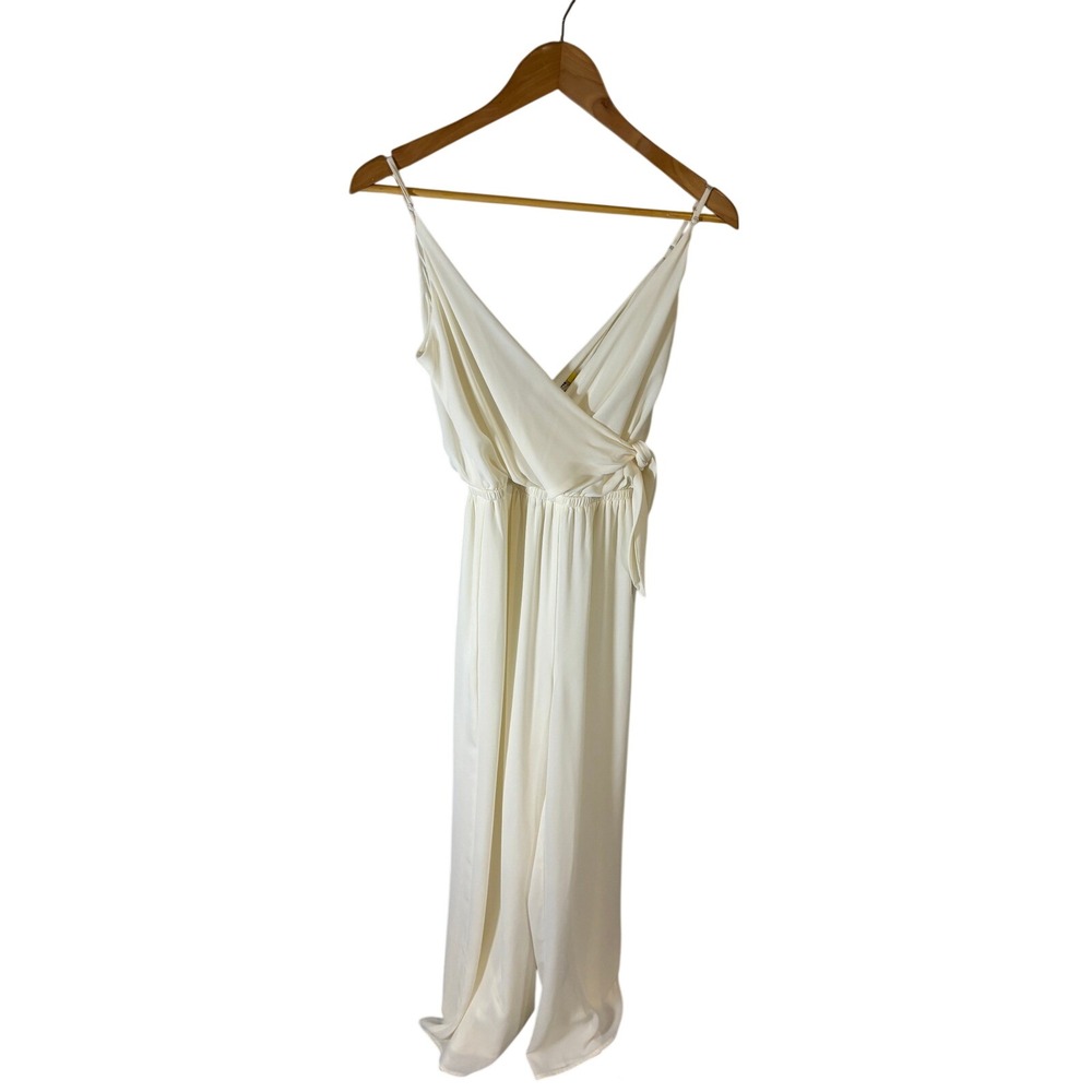Express Cream Wide Leg Jumpsuit Faux Wrap V Neck‎ Tie Waist XS
